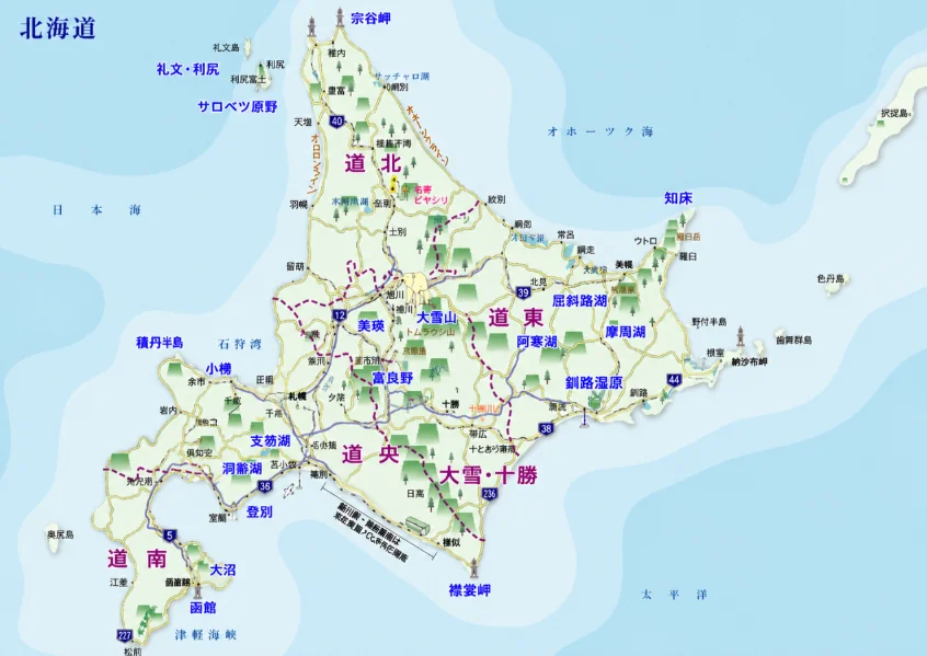 北海道の主要都市・観光地と道路を示した地図